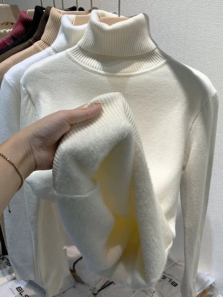 Women Turtleneck Velvet Lined Knit Sweater Thick Warm