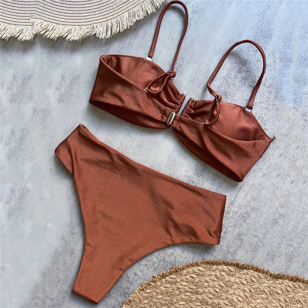 Brown Shiny U Shaped Bikini High Waist Swimsuit Women 2025