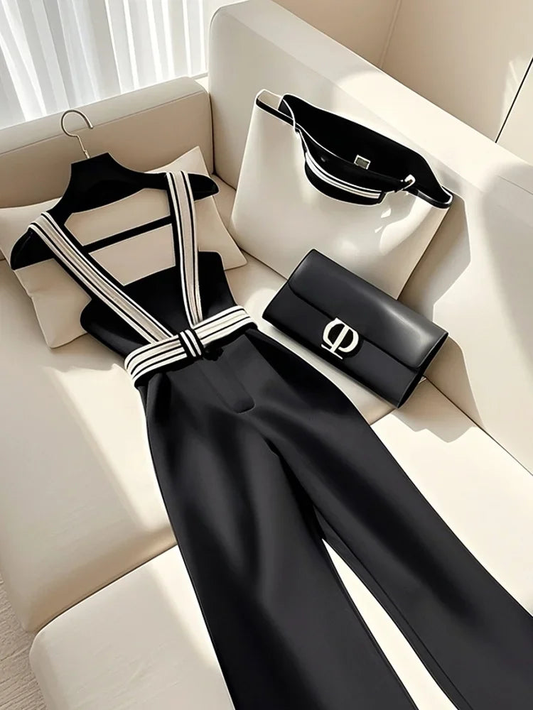 Korean Fashion Black Jumpsuit Women Strap Camisole Wide Leg