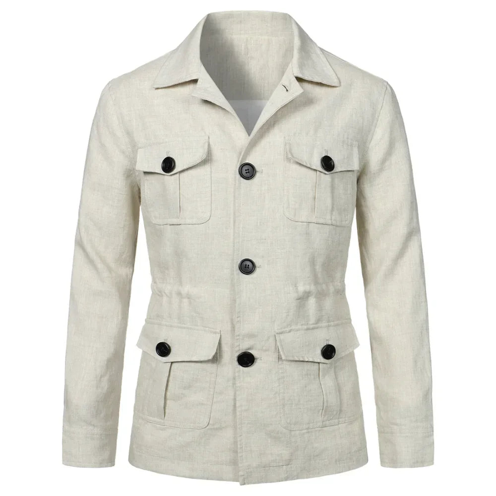Mens Safari Jacket Linen Outerwear Solid Color Retro