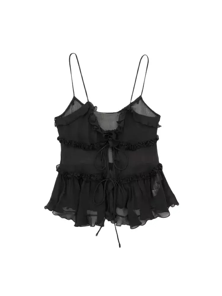 Trza Women Semi Sheer Tank Top With Ruffled Front Backless