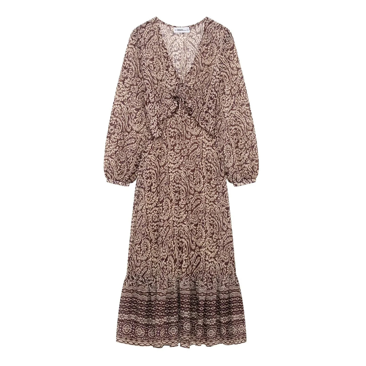 Retro Print Midi Dress With V Neck Gradient Design