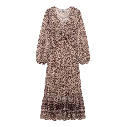 Retro Print Midi Dress With V Neck Gradient Design