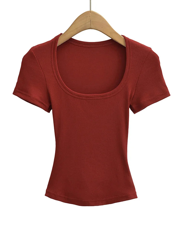 Summer Square Neck High Elasticity Crop Top Women Slim Fit