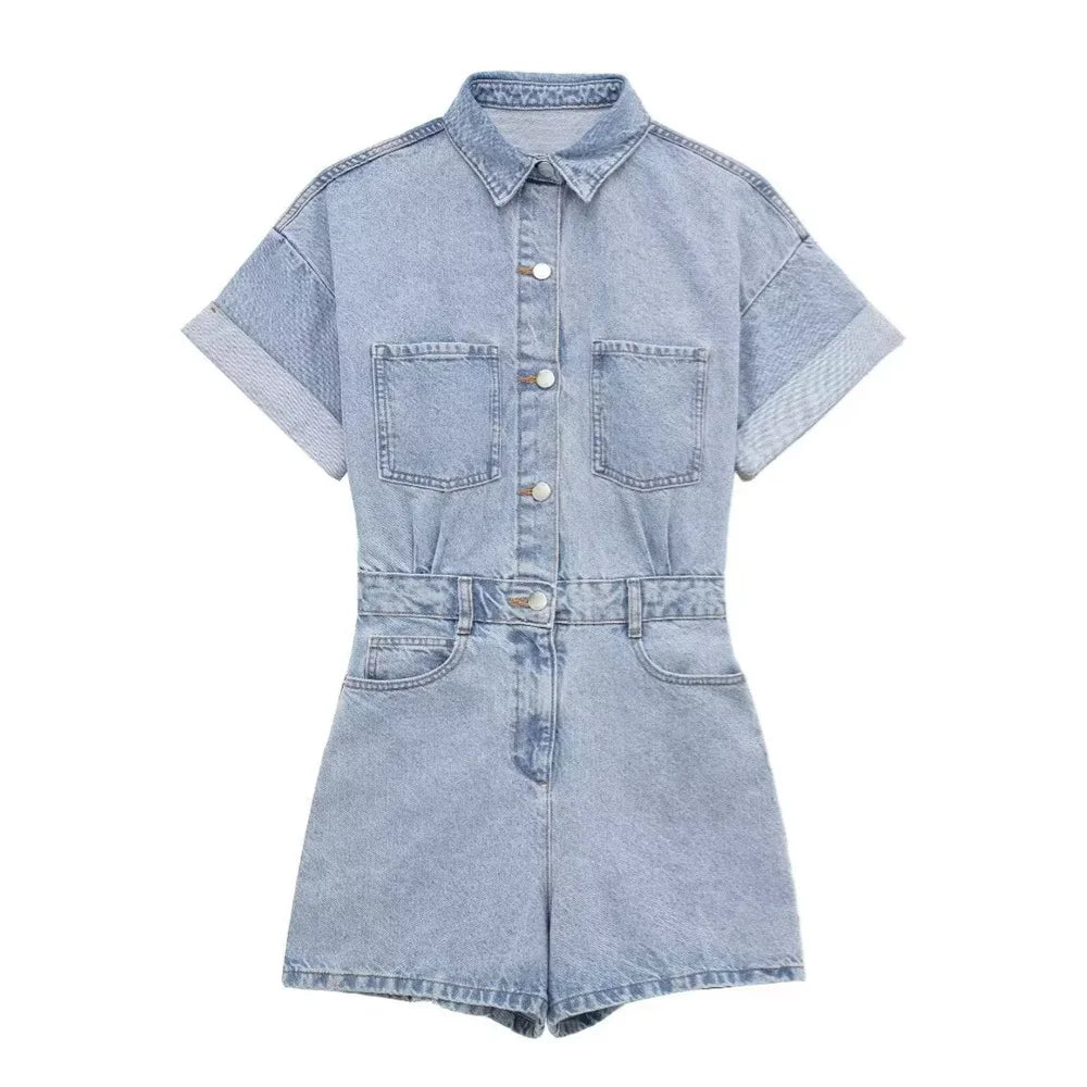 ZARF women's short slimming denim jumpsuit with pocket buckle decoration for spring and summer new casual women's wear