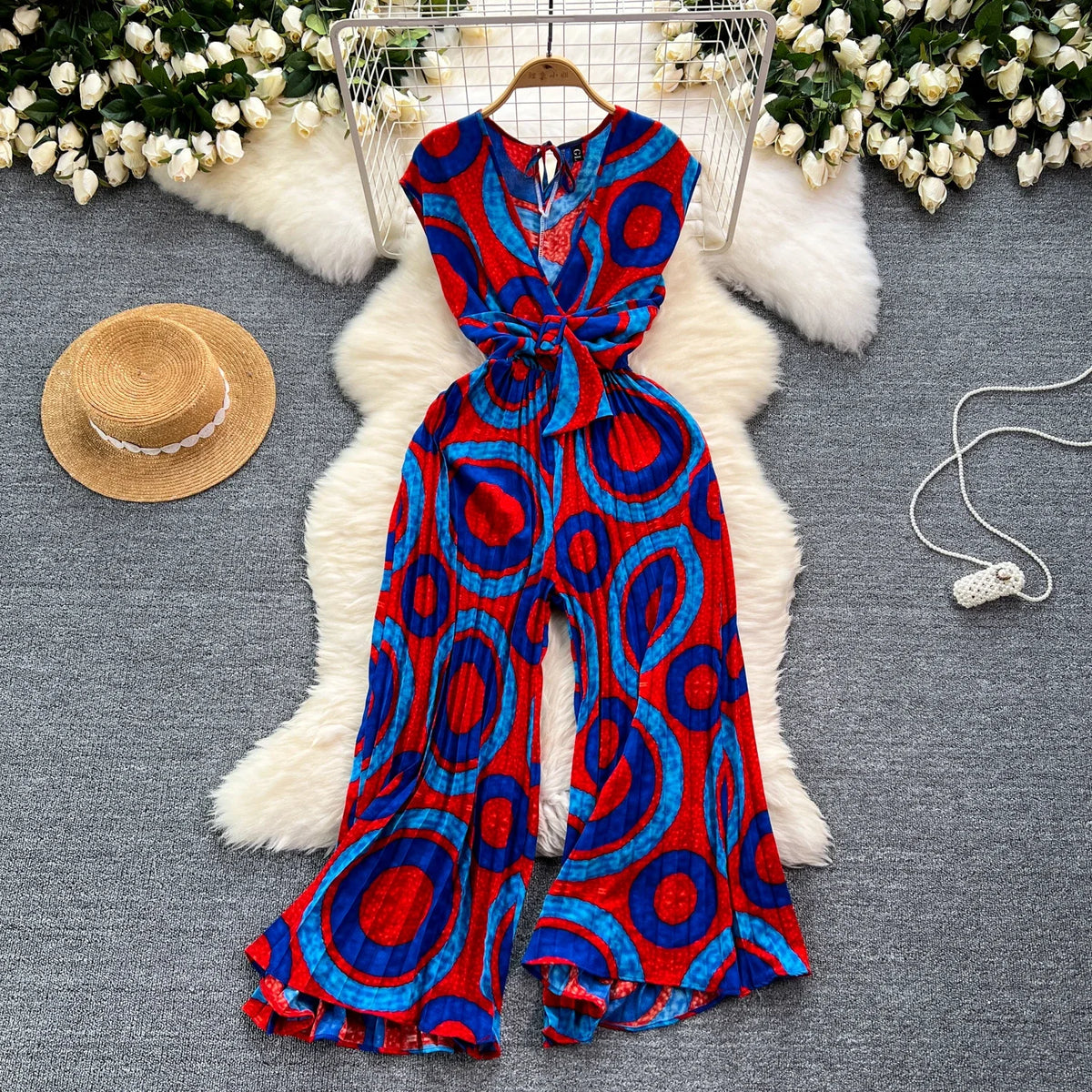Summer Abstract Print Jumpsuit Wide Leg V Neck Women