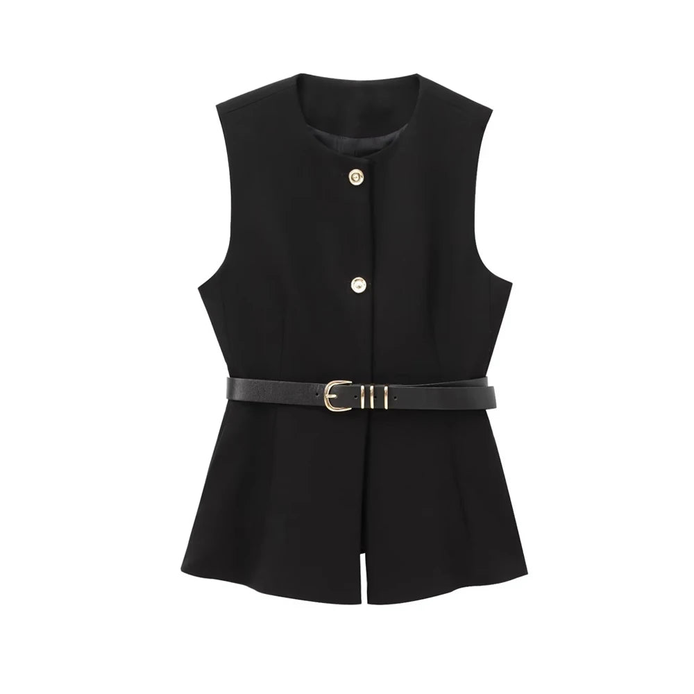 Women Long Waistcoat With Belt O Neck Vest Gold Button