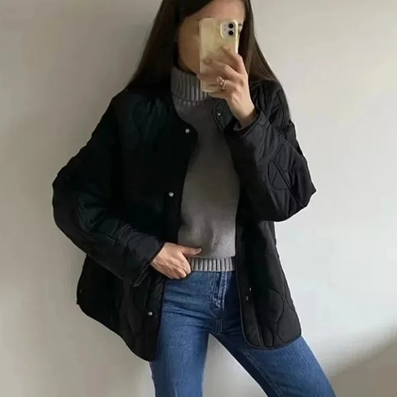 Mujer Black Quilted Padded Jacket Women Long Sleeve Coat