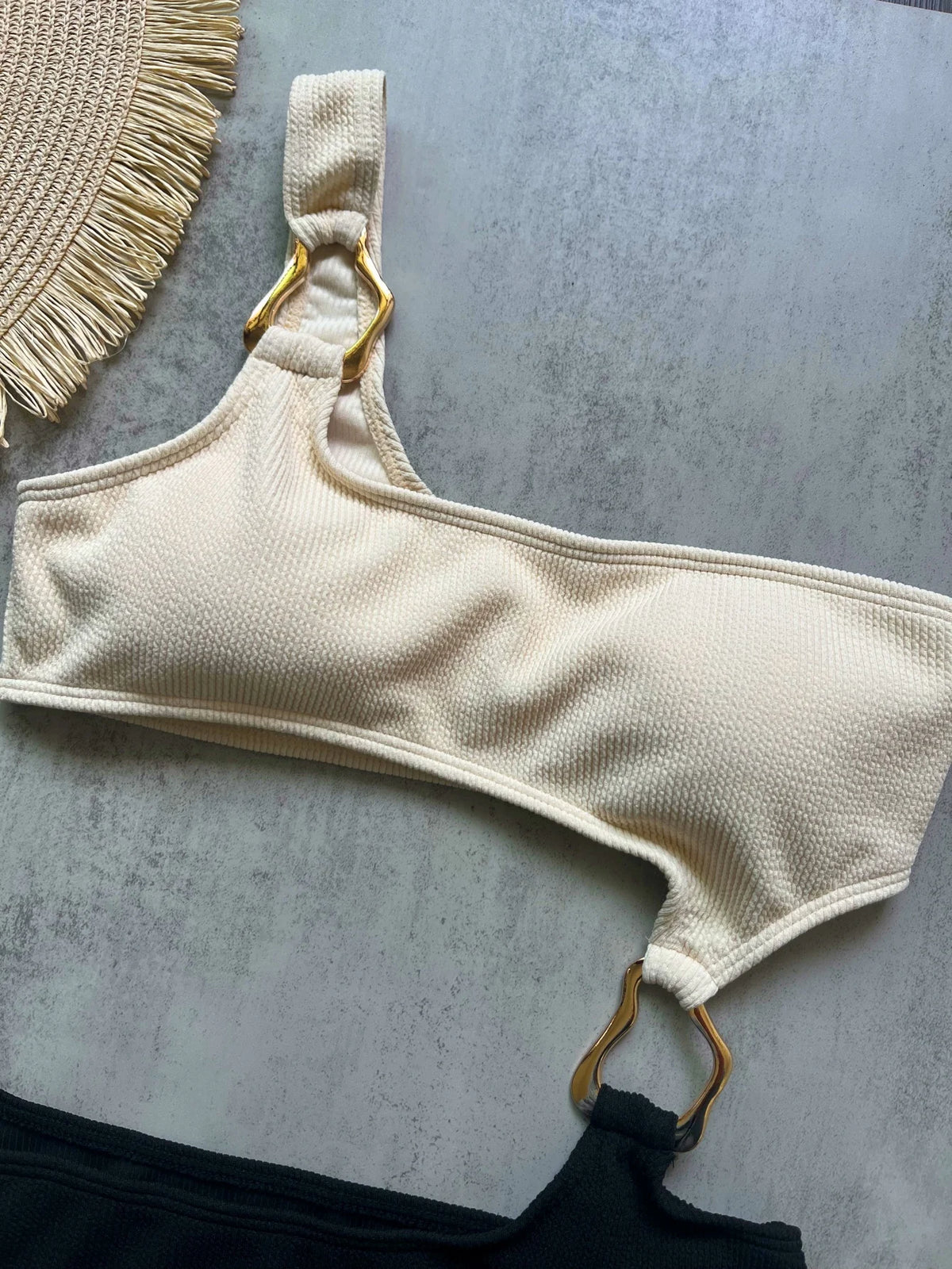 Women One Shoulder Asymmetric Swimsuit With Metal Ring