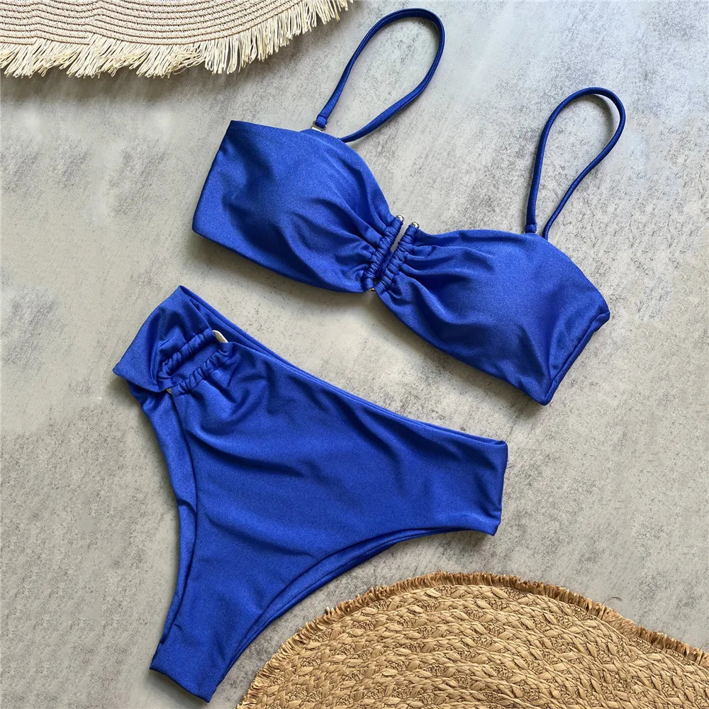 Brown Shiny U Shaped Bikini High Waist Swimsuit Women 2025