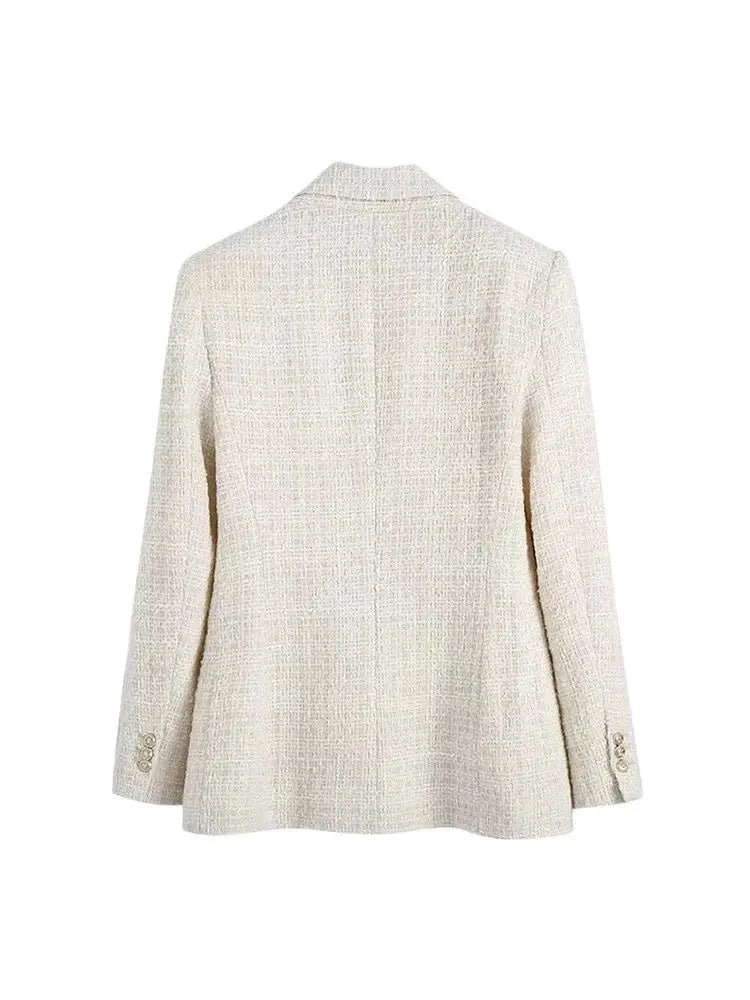 Tweed Double Breasted Blazer Coat Women Vintage Outerwear
