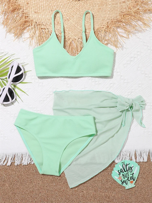 Girls Ribbed Sling Bikini Set 2025 High Waist Bathing Suit