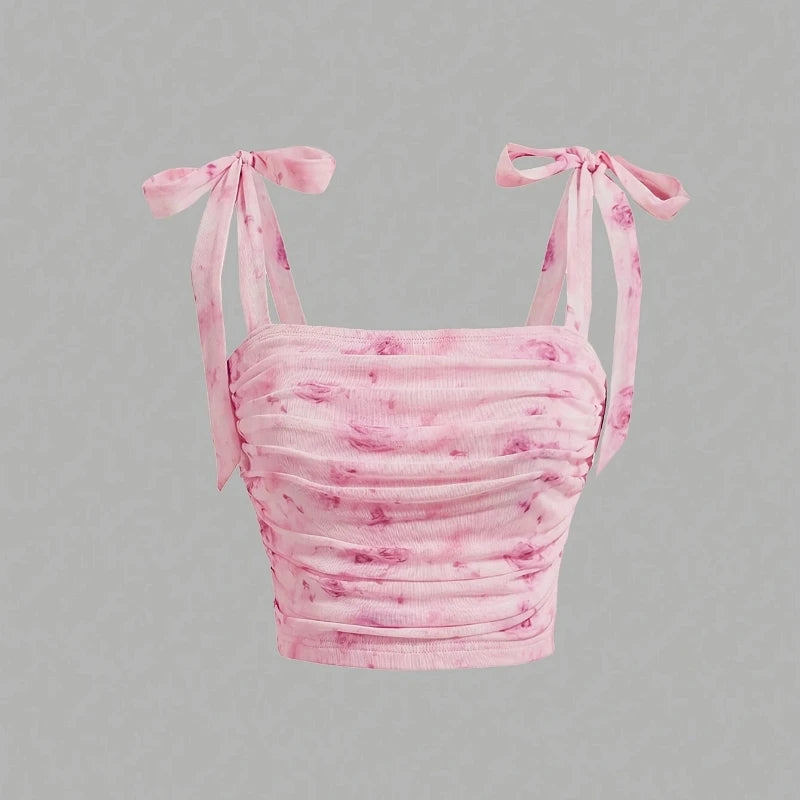 Solid Tie Shoulder Ruched Wide Strap Crop Top Pink Cami