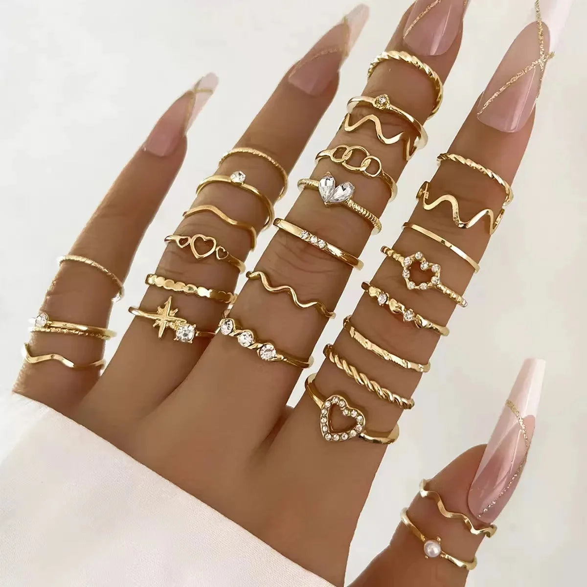 23Pcs Luxury Shiny Zircon Wave Ring Set for Daily Wear