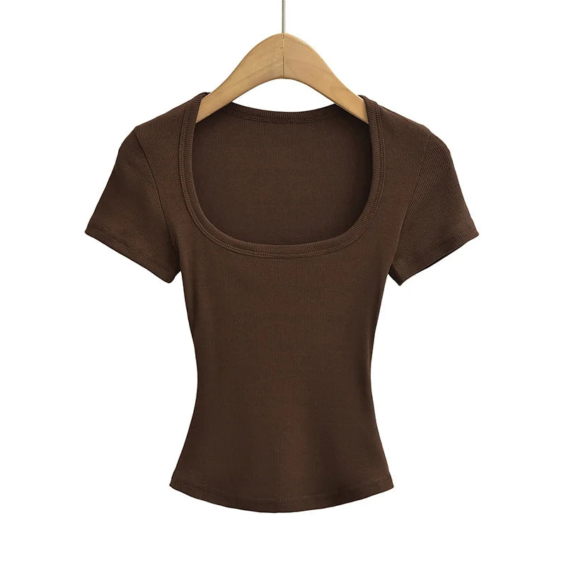Summer Square Neck High Elasticity Crop Top Women Slim Fit