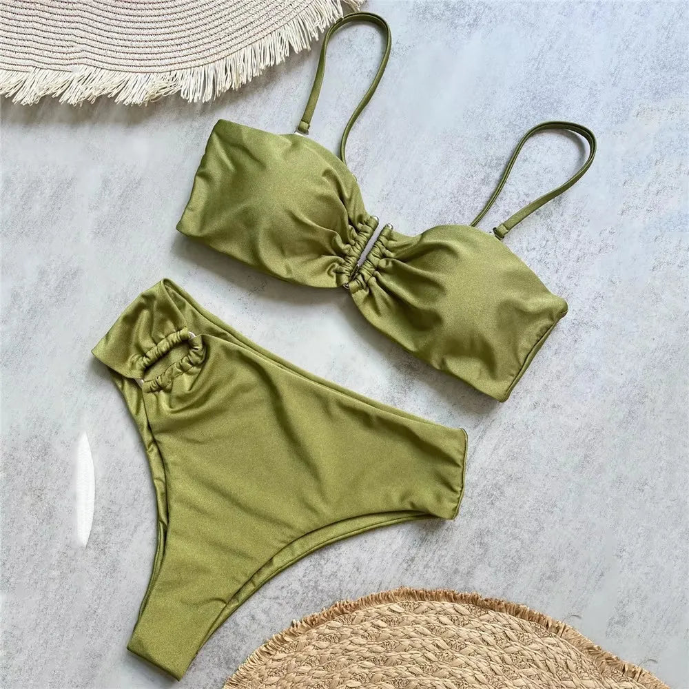 Brown Shiny U Shaped Bikini High Waist Swimsuit Women 2025
