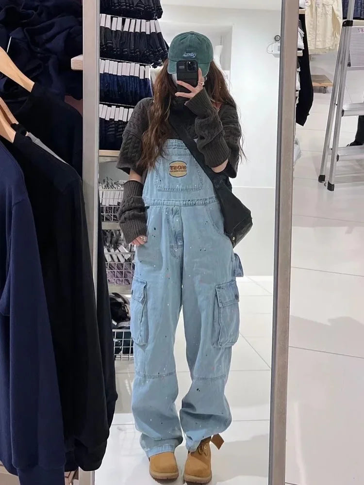 Cool Girl Embroidered Denim Strap Jumpsuit For Women Retro