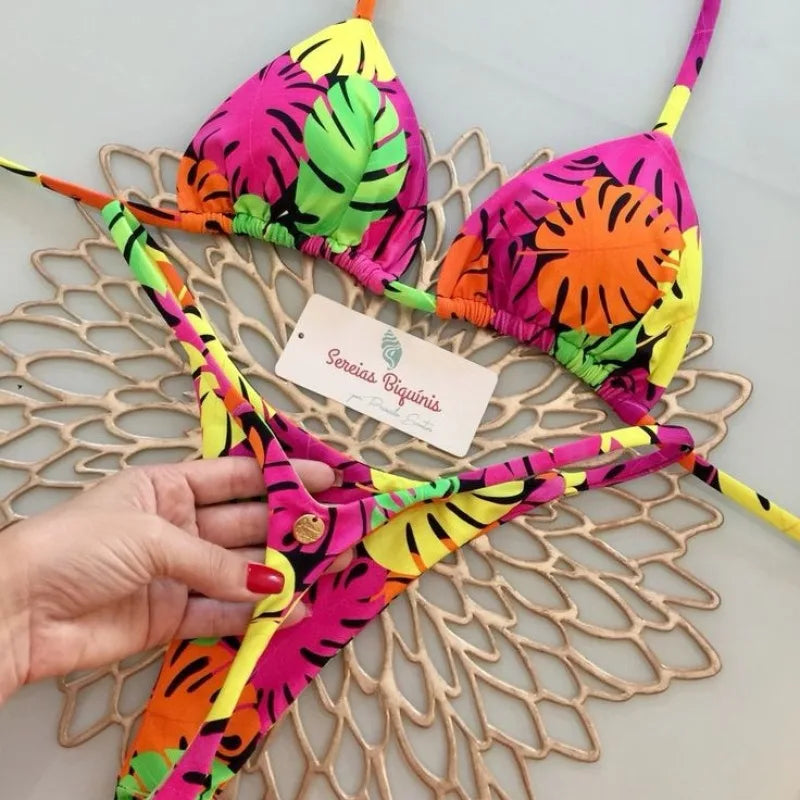 Womens Bikini Split Print Swimwear G String Beach Holiday