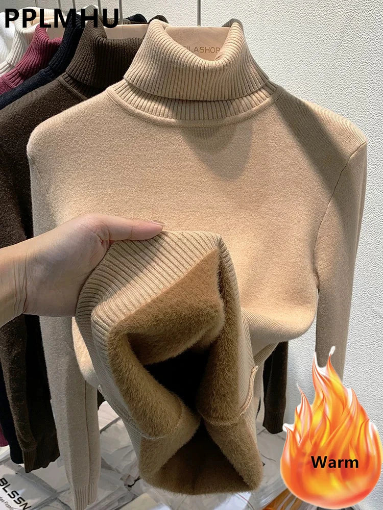 Women Turtleneck Velvet Lined Knit Sweater Thick Warm