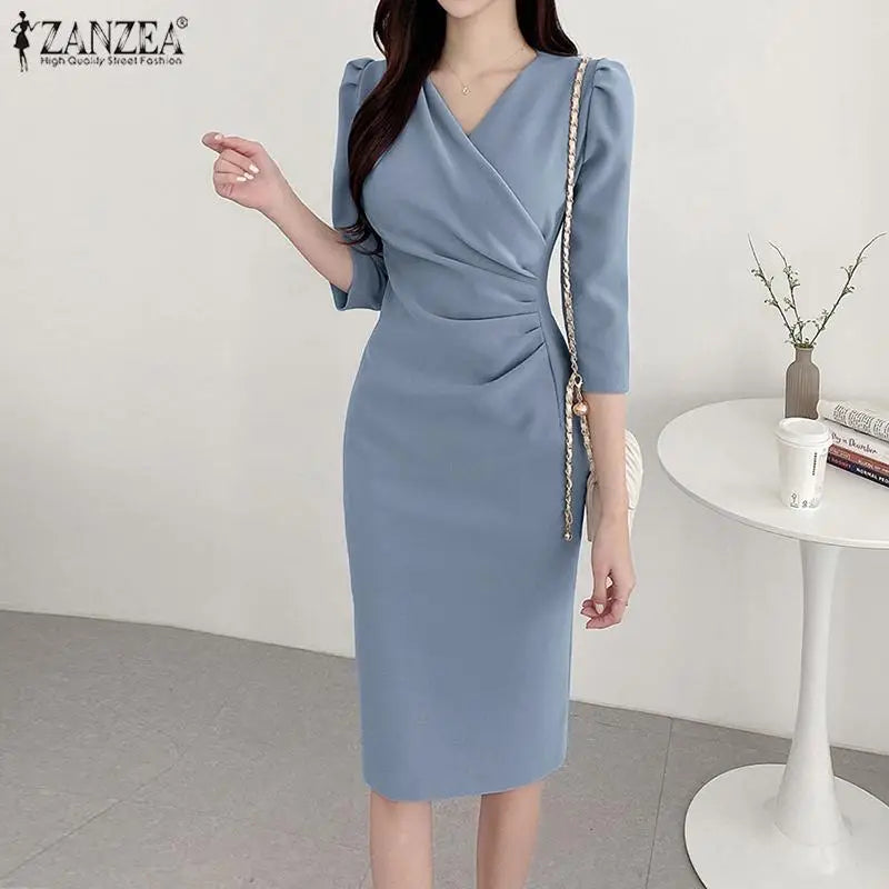 Elegant Knee Length V Neck Dress With Three Quarter Sleeves