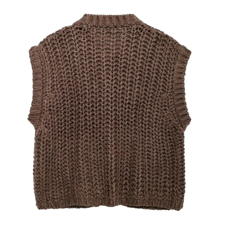 HXAO Womens Sleeveless Brown Knit Vest Cropped Preppy Style