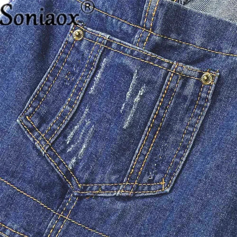 Casual Denim Jumpsuits For Women Ripped Pocket Suspenders
