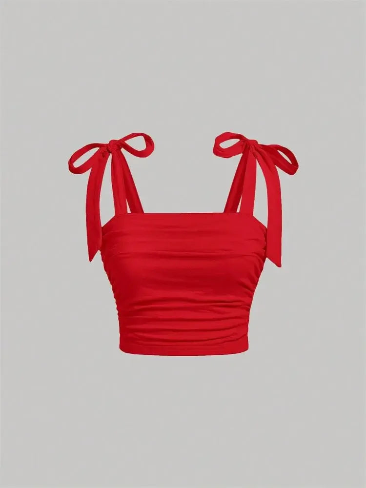 Solid Tie Shoulder Ruched Wide Strap Crop Top Pink Cami