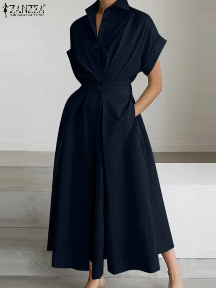 Elegant Summer Polyester Shirt Dress With High Waist Midi