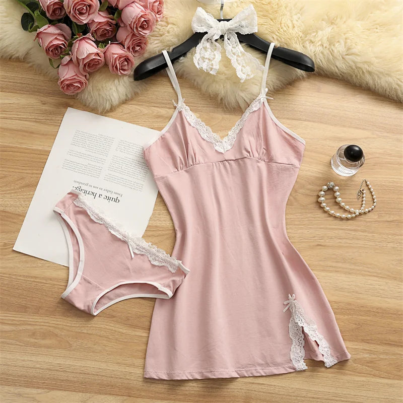 Women Cotton Pajama Set Two Piece Nightdress Bow Sleepwear