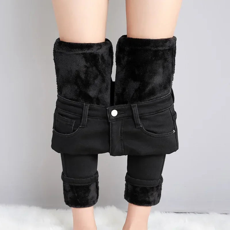 Women Thermal Skinny Jeans Winter Warm Fleece Denim Pants