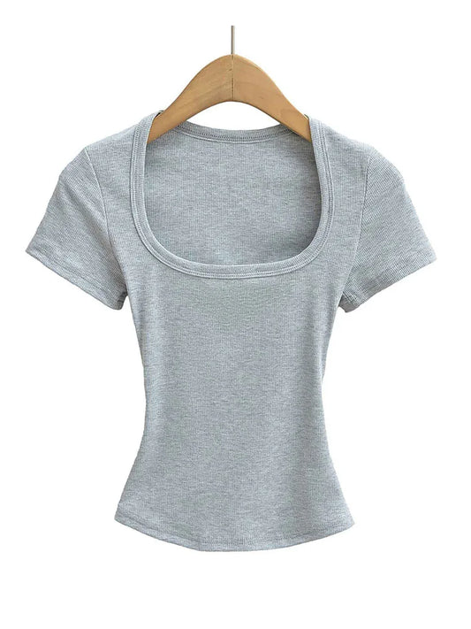 Summer Square Neck High Elasticity Crop Top Women Slim Fit