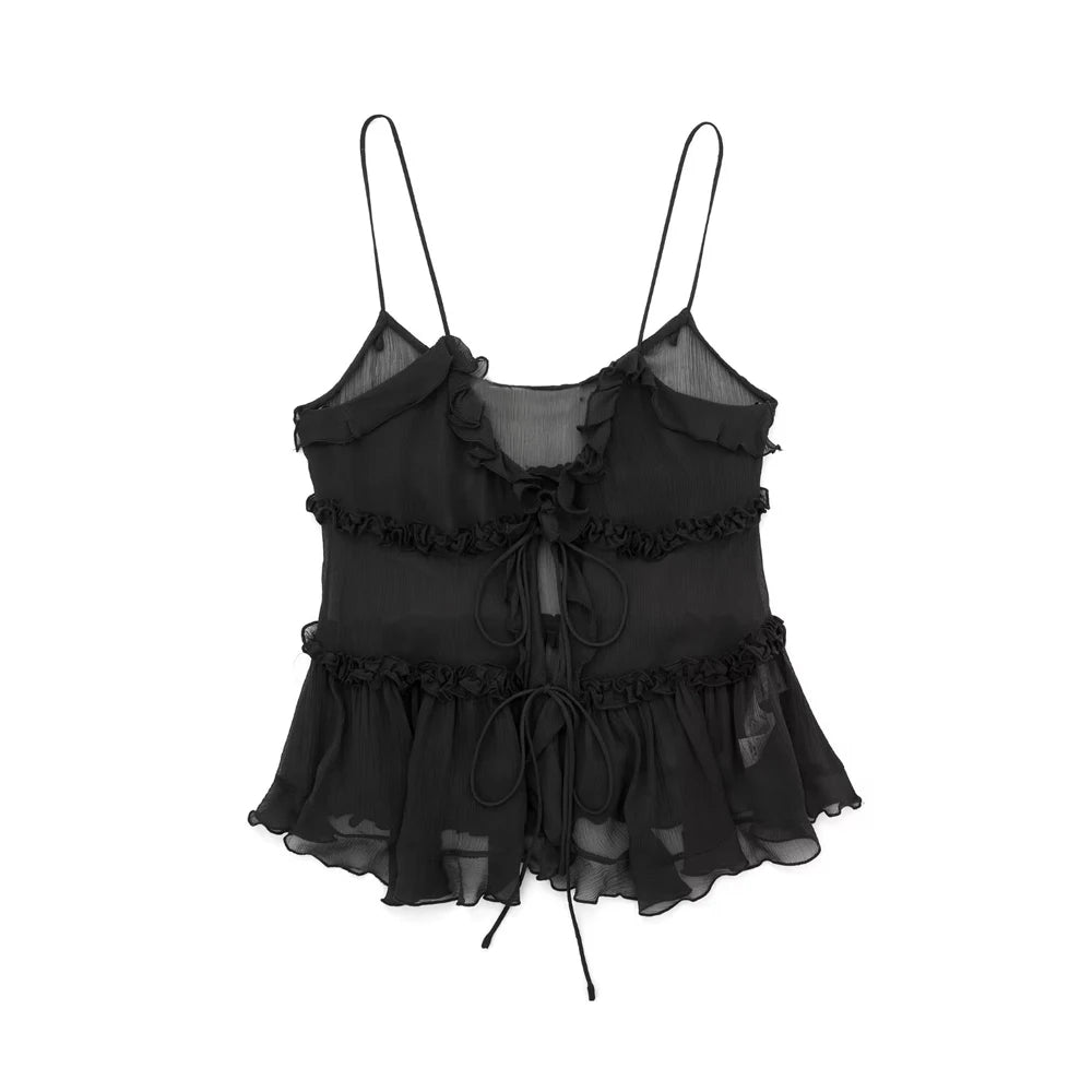 Trza Women Semi Sheer Tank Top With Ruffled Front Backless