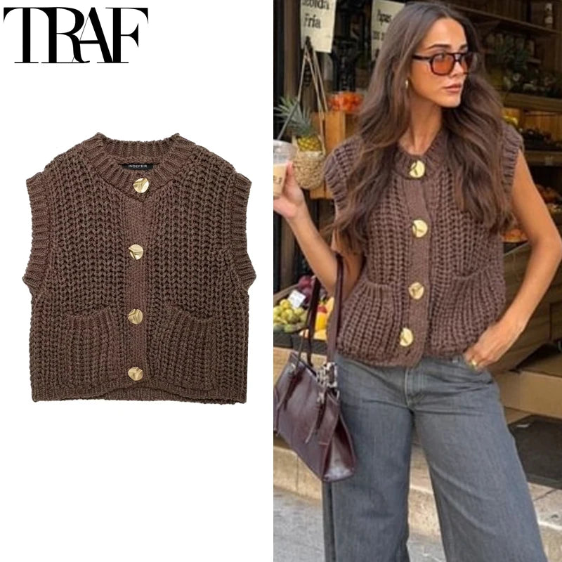 HXAO Womens Sleeveless Brown Knit Vest Cropped Preppy Style