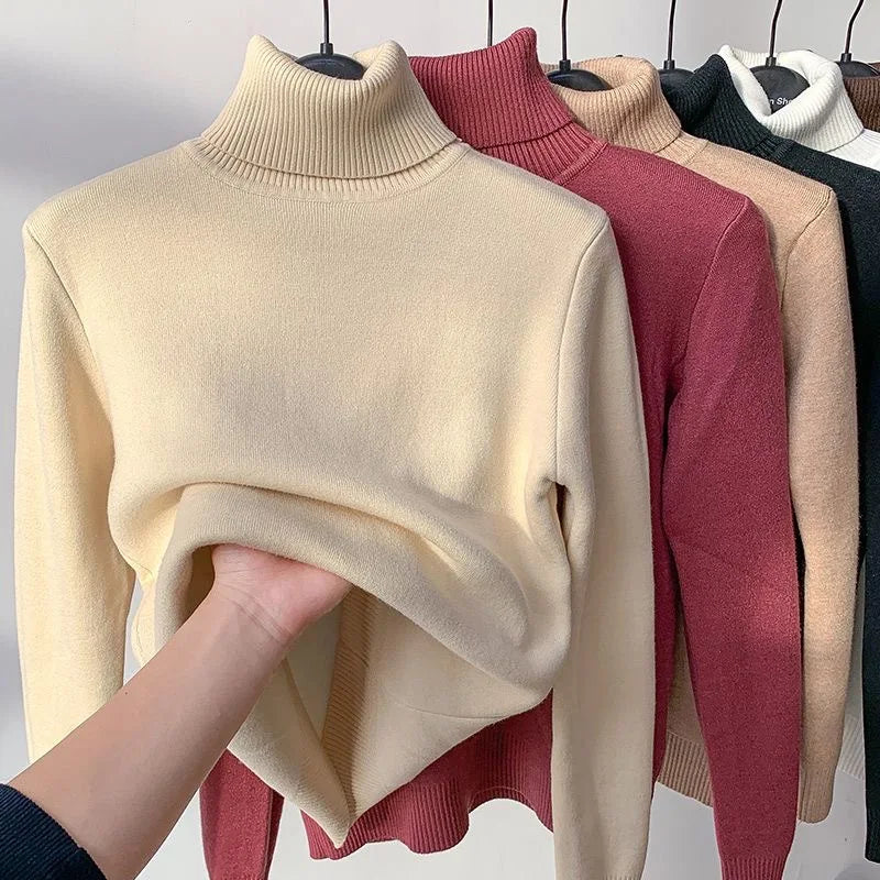 Women Turtleneck Velvet Lined Knit Sweater Thick Warm
