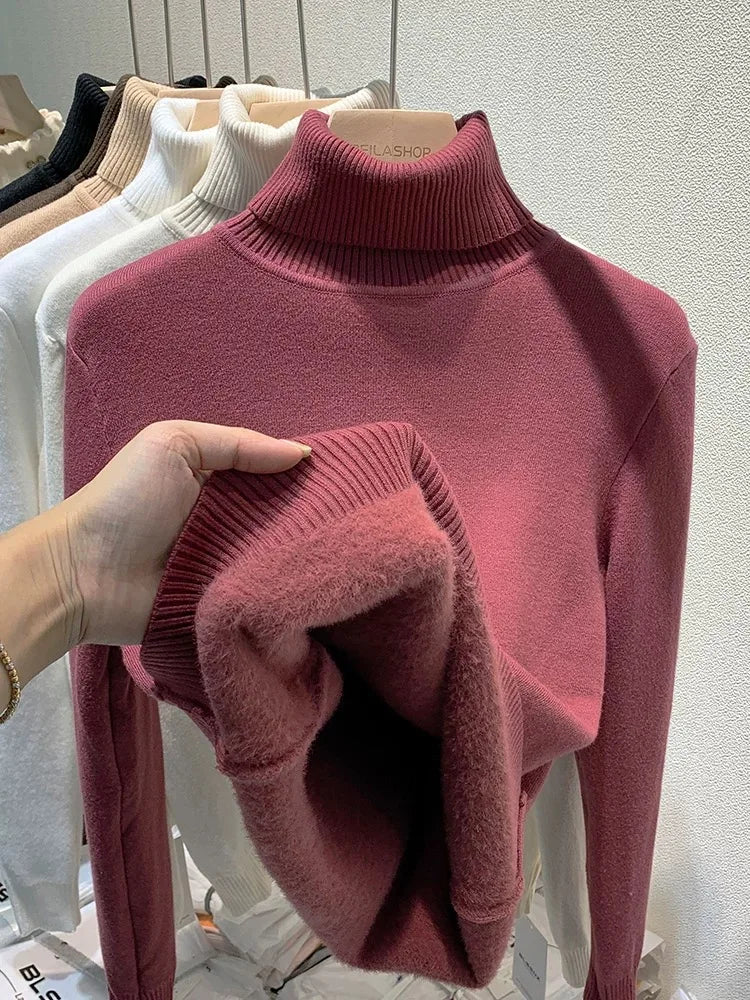 Women Turtleneck Velvet Lined Knit Sweater Thick Warm