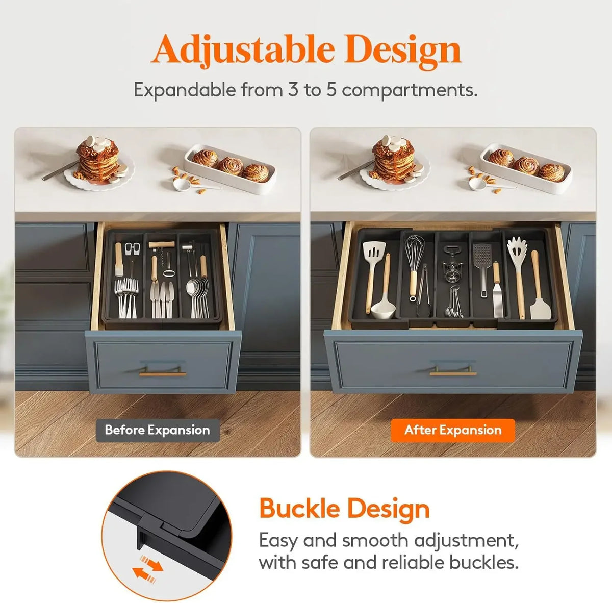 Kitchen Silverware Drawer Organizer Expandable Utensil Tray Adjustable for Spoons Forks Knives Flatware and Cutlery Organizer