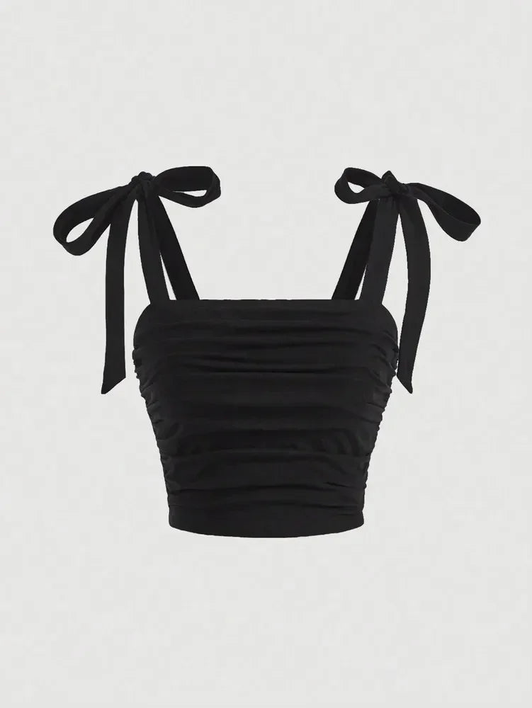 Solid Tie Shoulder Ruched Wide Strap Crop Top Pink Cami